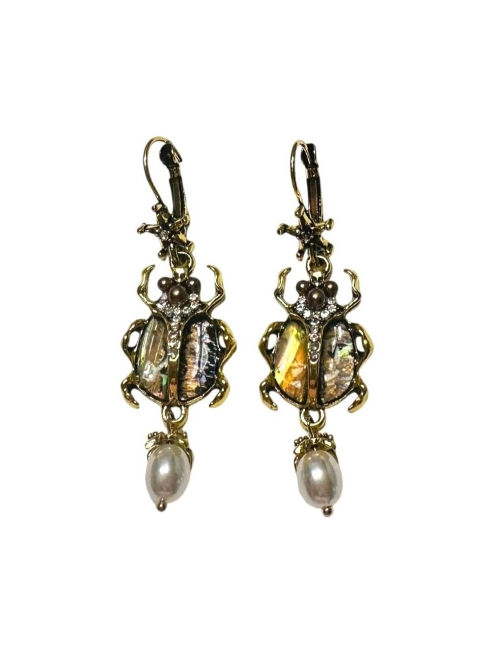 Imitation Mother of Pearl Scarab Beetle Drop Earrings Gold-Tone